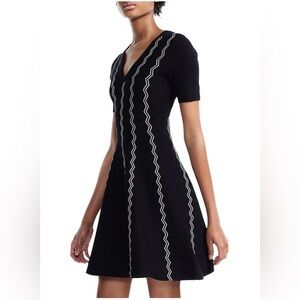 Maje Black and White Zigzag Midi Dress